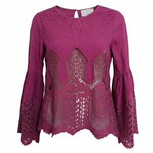 Chloe Oliver Purple Crochet Bell Sleeve Blouse Size XS Boho Cotton Festival